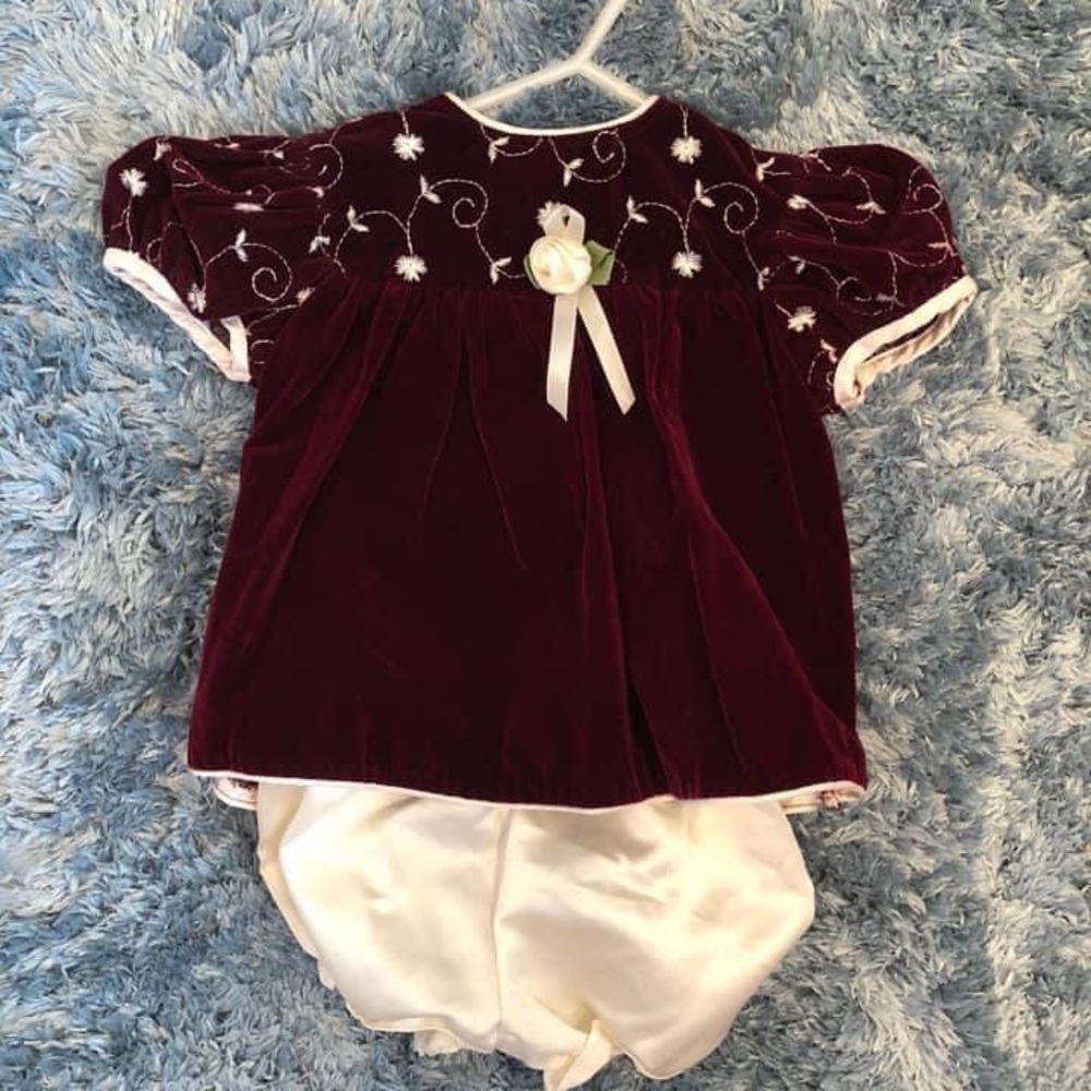 Soft Velvet dress burgundy color trimmed with satin accents